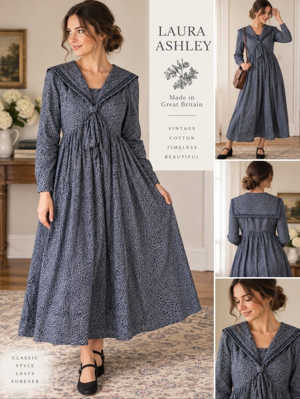 Vintage Laura Ashley Dress 1980s Cottonl Sailorr Maxi Dress Made Great Britan